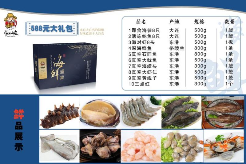 辽东港特色海鲜大礼包，礼包产品样样全，支持团购和私人订制