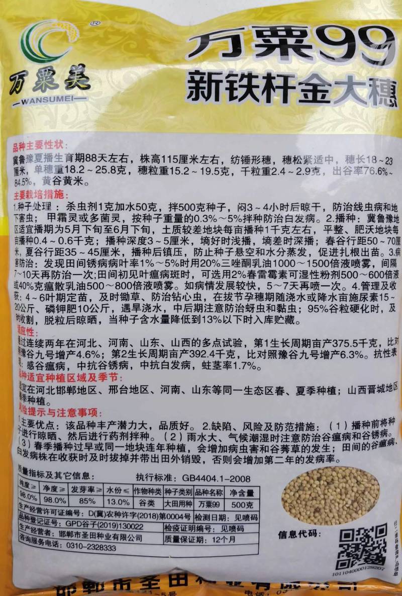 万栗99谷子种子黄谷子铁杆金大穗高产抗麻雀糯谷子种子