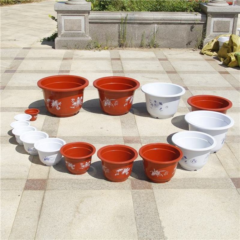 双色花盆红色白色仿陶瓷塑料花盆批发圆形加厚耐用塑料花盆