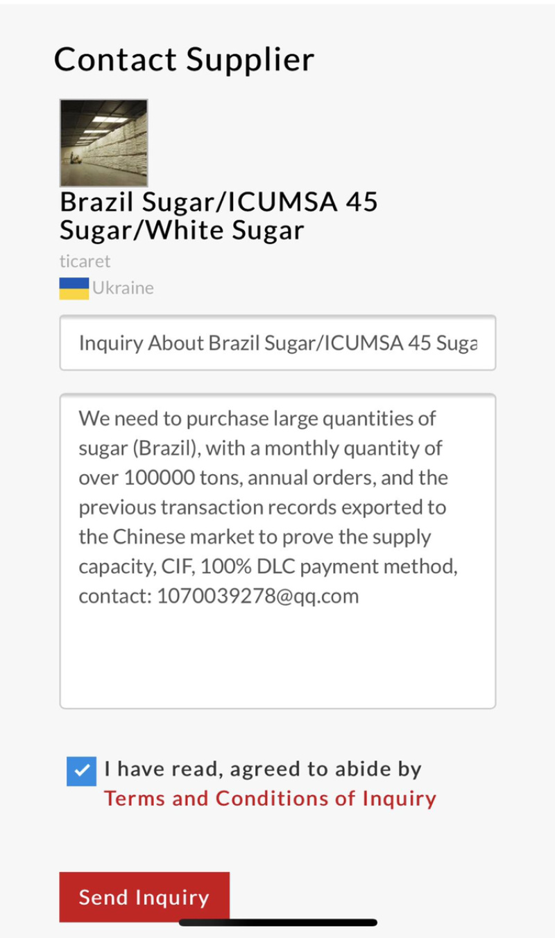 期货巴西IC45白糖，CIF$400/吨，年订单，信用证结