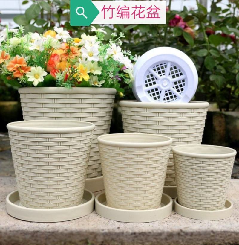树脂花盆仿竹编款花卉绿植树脂花盆塑料花盆加厚加固多肉花盆