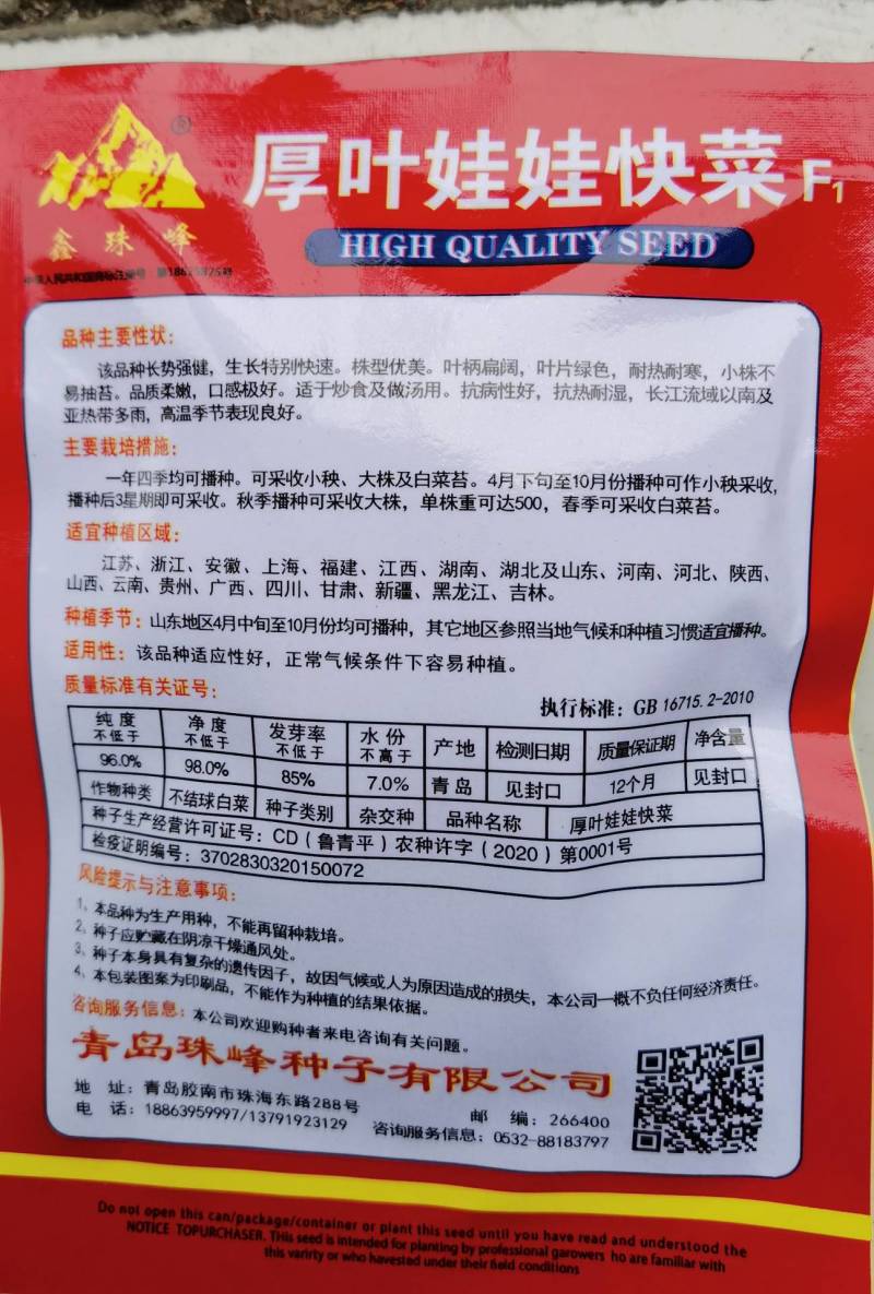 厚叶娃娃菜小白菜种子，耐高温湿热，速生抗病
