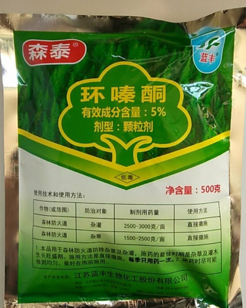 环嗪酮5%颗粒剂可有效防除各种杂草，可用于非耕地除草。