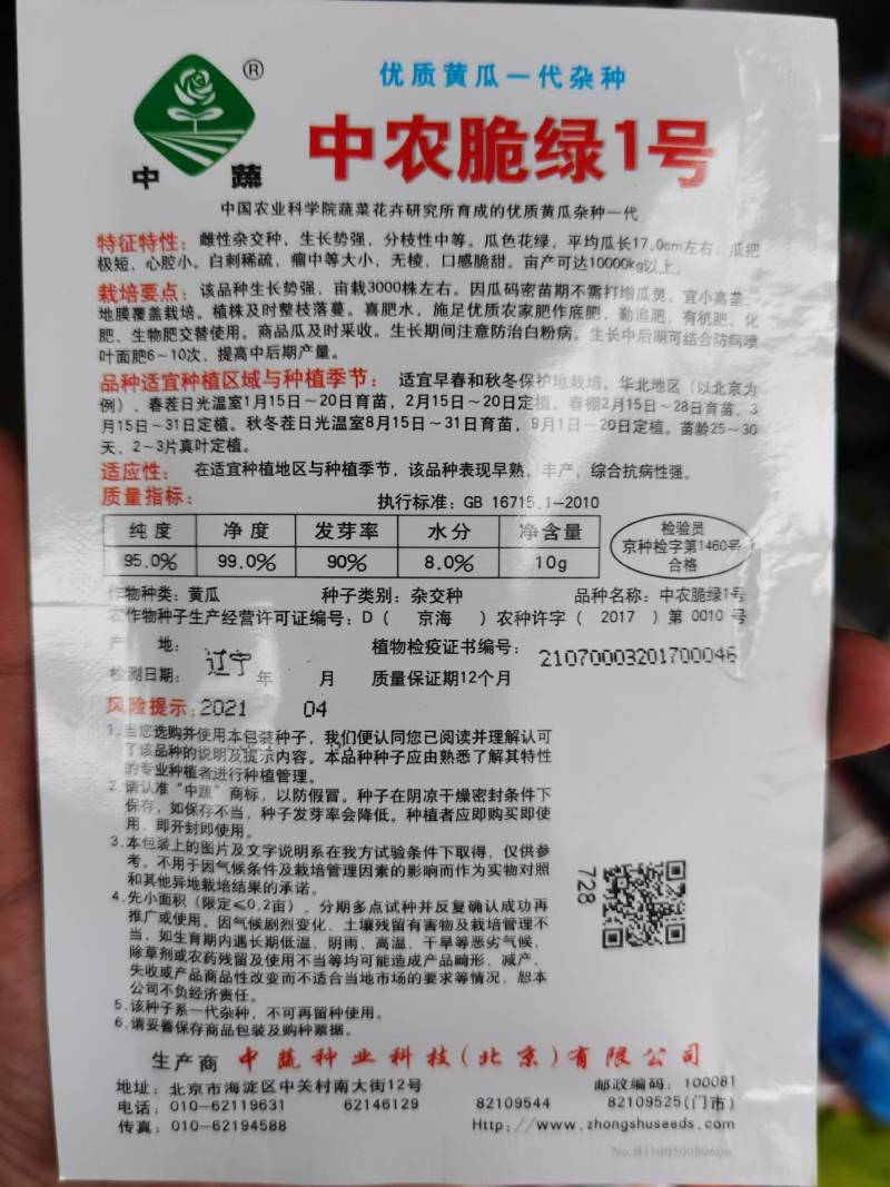中农脆绿1号水果黄瓜种子中蔬农科院育种春秋旱黄瓜秋瓜