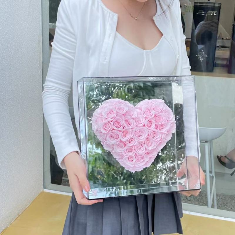 52朵永生花镜面心花盒包邮永生花成品批发七夕情人节礼物