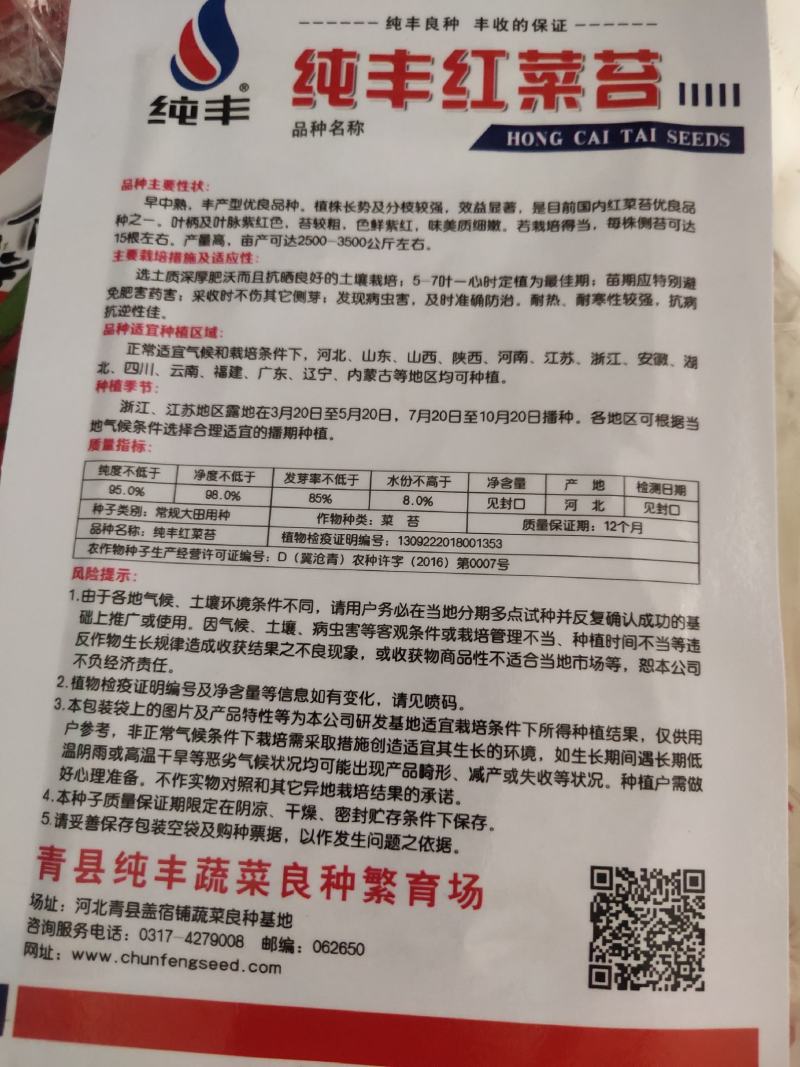 纯丰红菜苔，早中熟，优良品种，红菜苔品种之一，