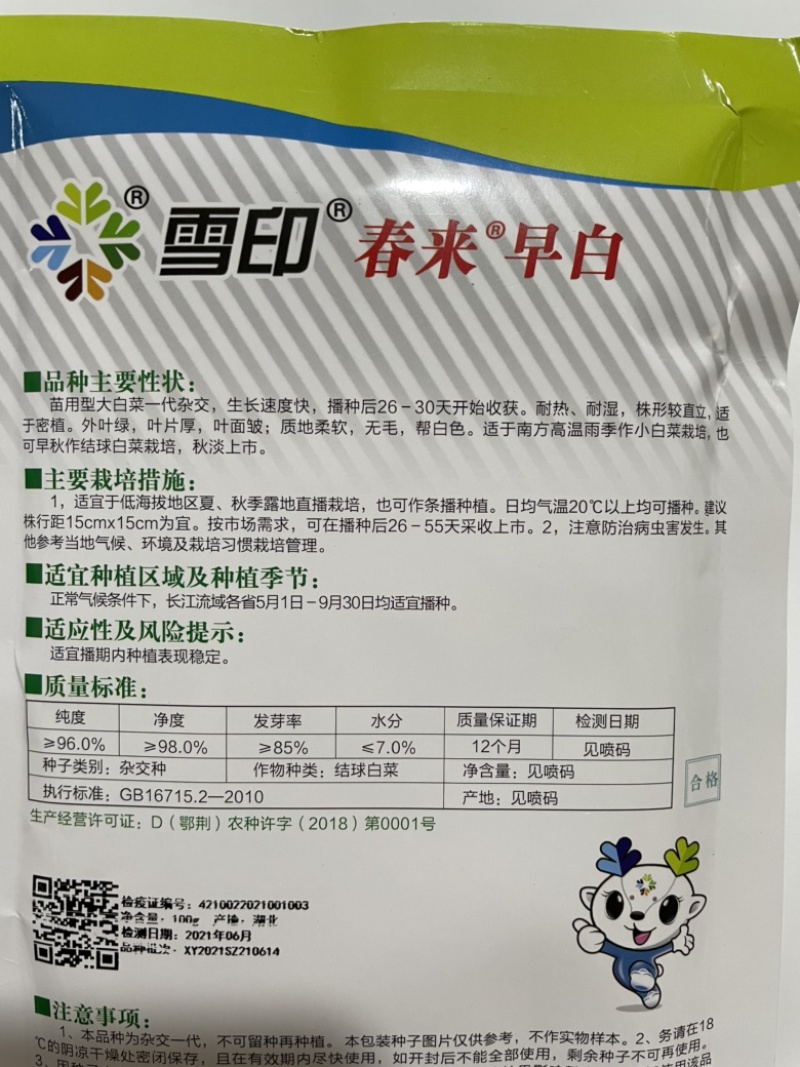 雪印春来早白快菜种子四季速生耐热耐湿基地专用一级良种