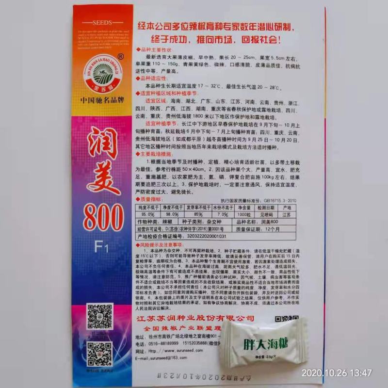 【热销】薄皮椒种子润美800种子大果型种子厂家直销种子