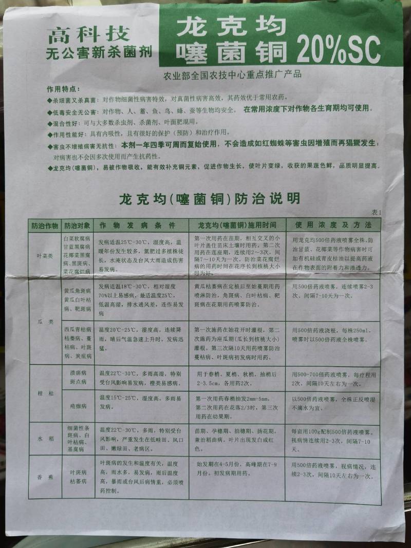 龙克均噻菌铜大白菜软腐病烟草野火病黄瓜角斑病