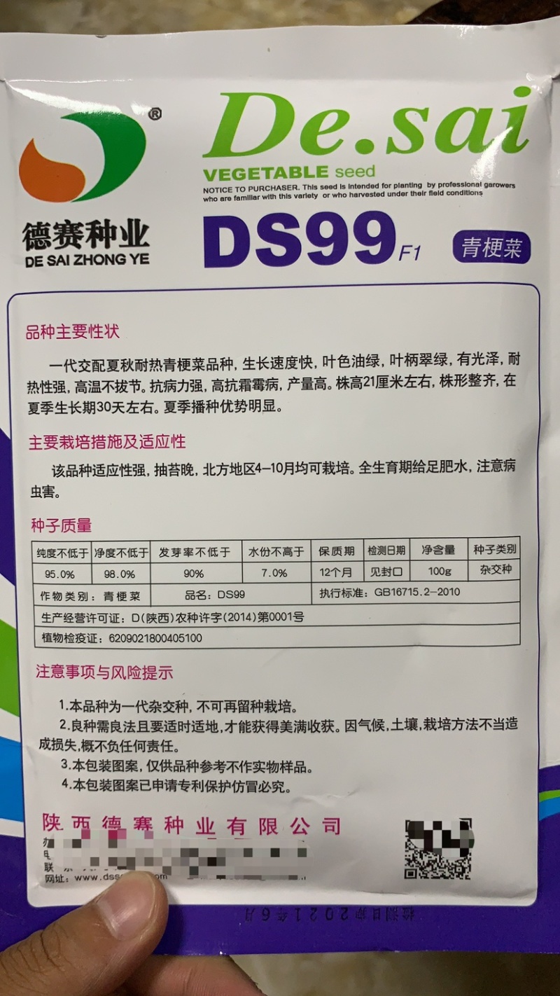 德赛青梗菜种子DS99/夏之丰油绿新品种一代交配夏秋耐热