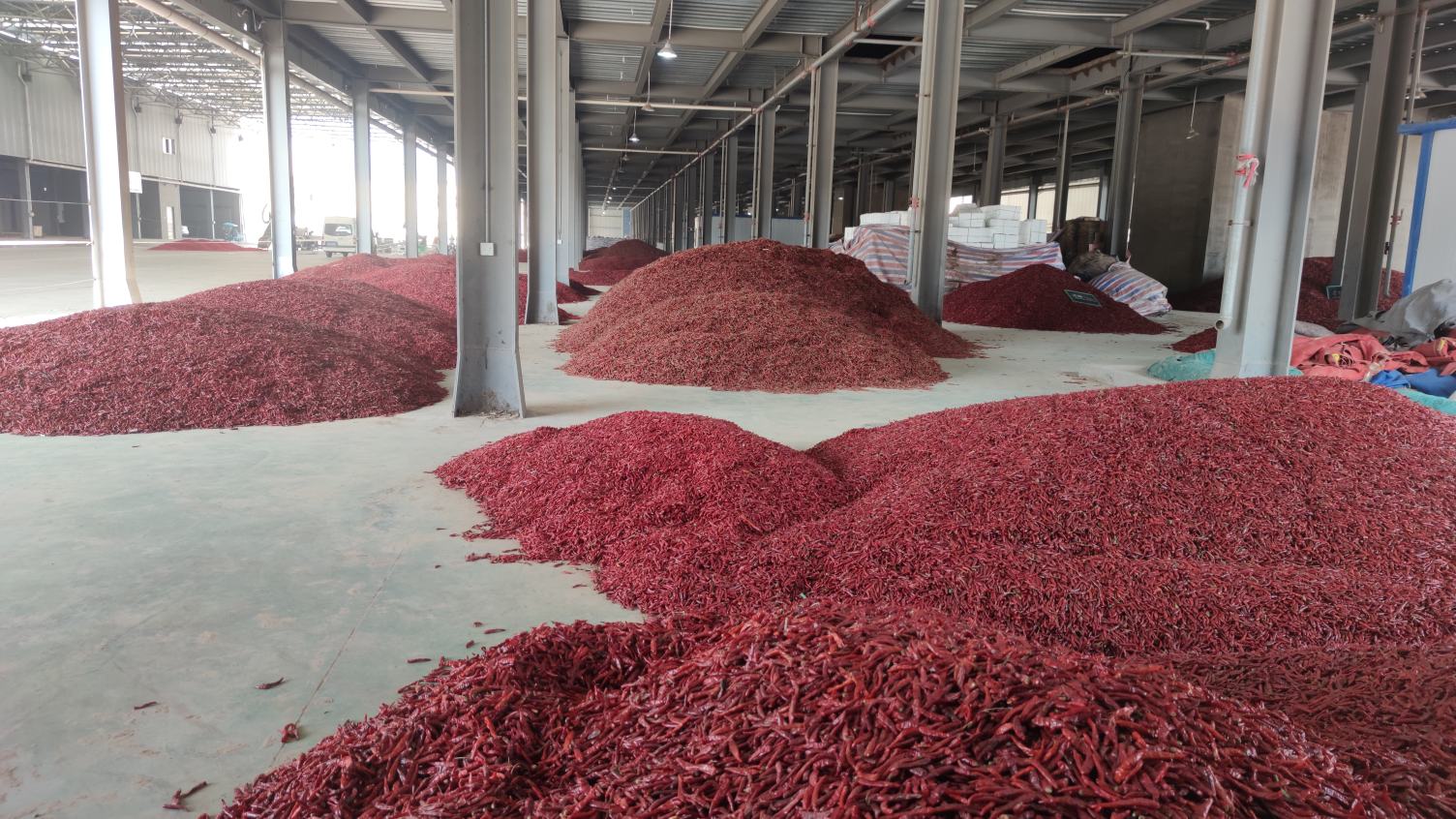 展示“湘辣红冠”辣椒在批发市场或超市销售的场景,堆放在竹筐或货架上,颜色鲜红,整齐排列 “湘辣红冠”辣椒在市场销售场景