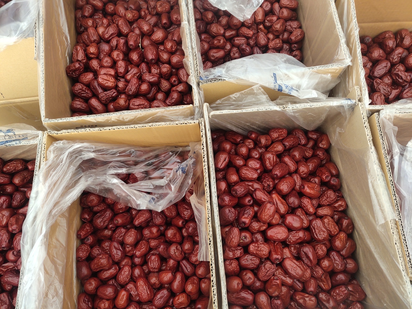 大型红枣批发市场内景,多个摊位整齐排列,堆放着不同等级的红枣袋装产品,工作人员正在称重打包,背景有电子显示屏显示当日价格行情,体现现代化交易场景 枣行批发市场实景图