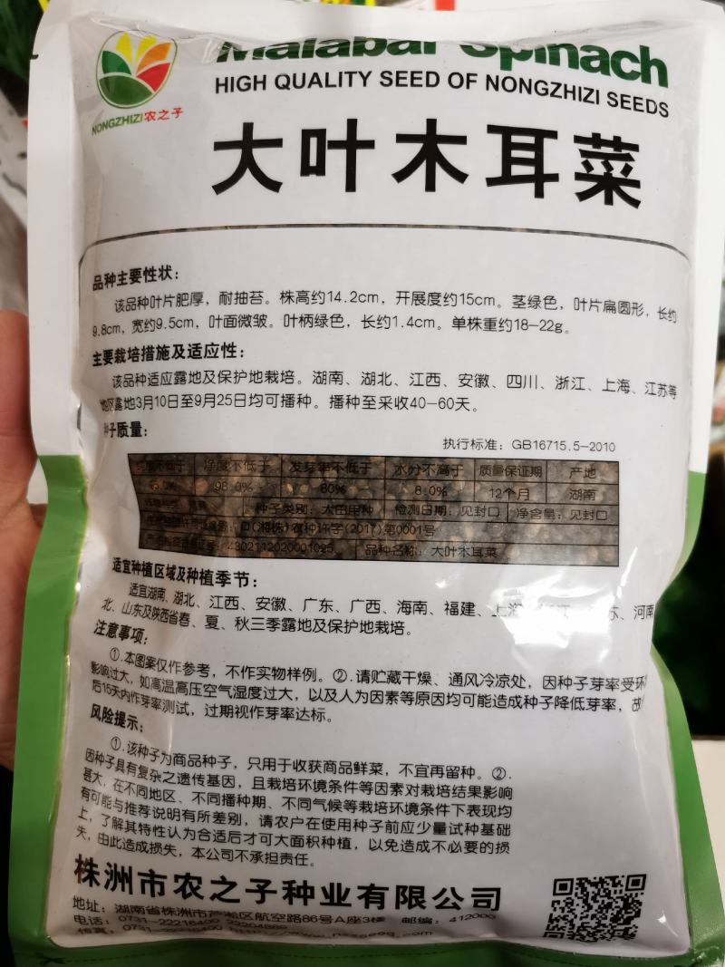 大叶木耳菜种子，500克，叶片肥厚，耐抽苔。株高约14.