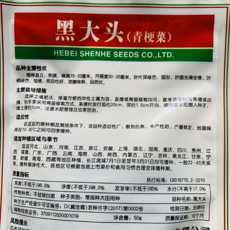 黑大头青梗菜种子叶片深绿色束腰短梗质嫩味鲜四季黑青菜种子