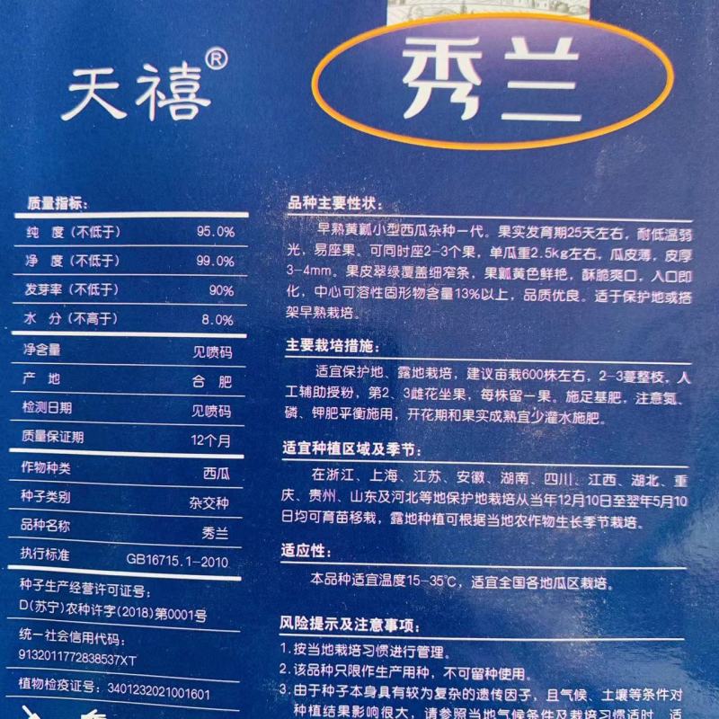天禧秀兰早熟黄瓤小型西瓜种子耐低温酥脆爽口入口即化