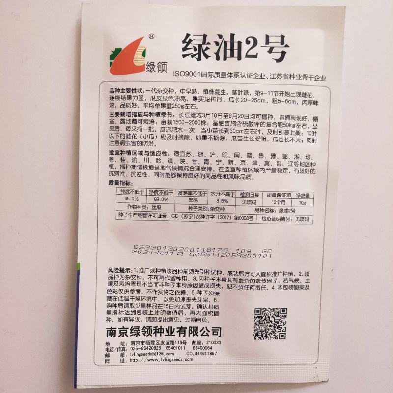 丝瓜种子绿领油绿2号中早熟瓜皮绿色油亮肉厚味浓