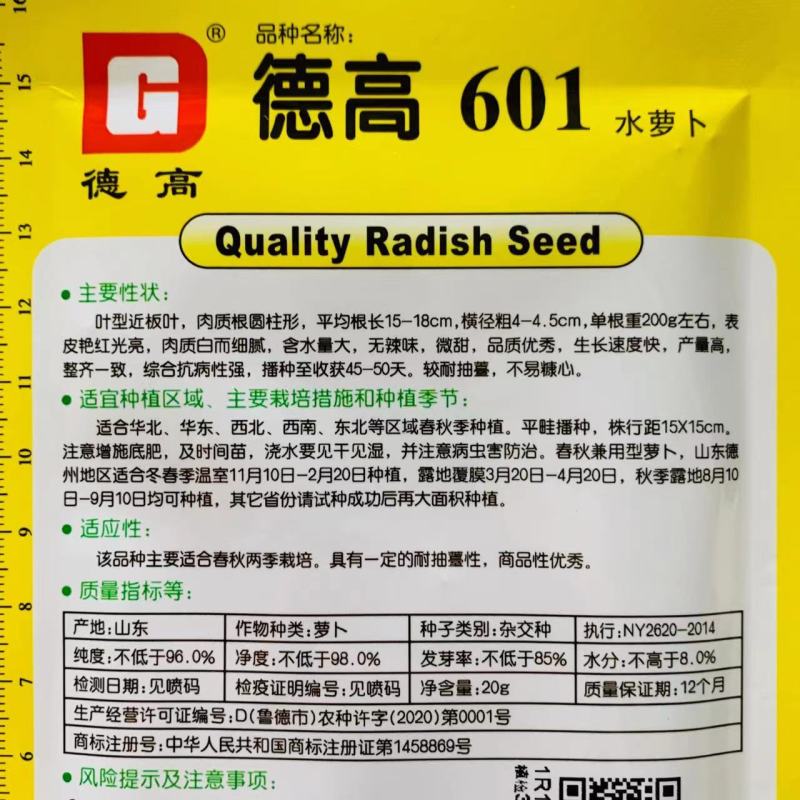 德高601水萝卜种子春秋速生皮色艳红含水量大红皮白肉萝卜
