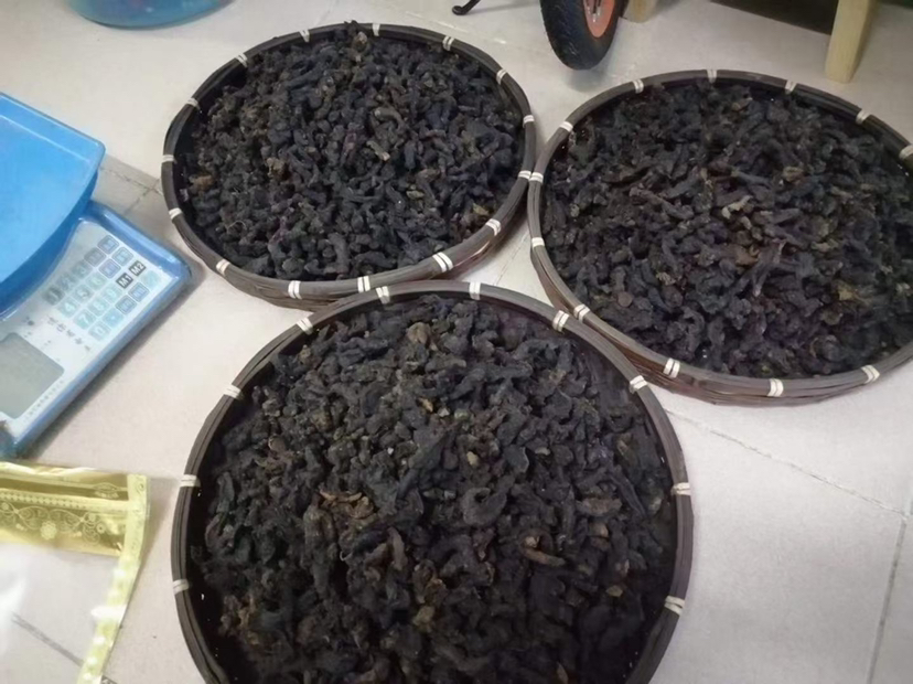 俯拍高清图:不锈钢操作台上,黄精粉(浅琥珀色)、熟地黄粉(深褐色)、黑芝麻粉(灰黑色)按比例称量;旁边放置带溯源二维码的原料包装袋;手部特写正在揉制丸剂,体现洁净操作环境 黄精熟地黑芝麻丸制作过程特写