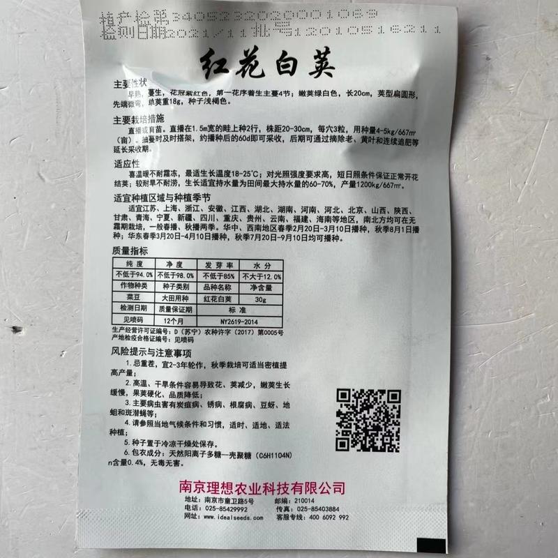 红花白荚四季豆种子，早熟，蔓生，嫩荚绿白色，长20cm