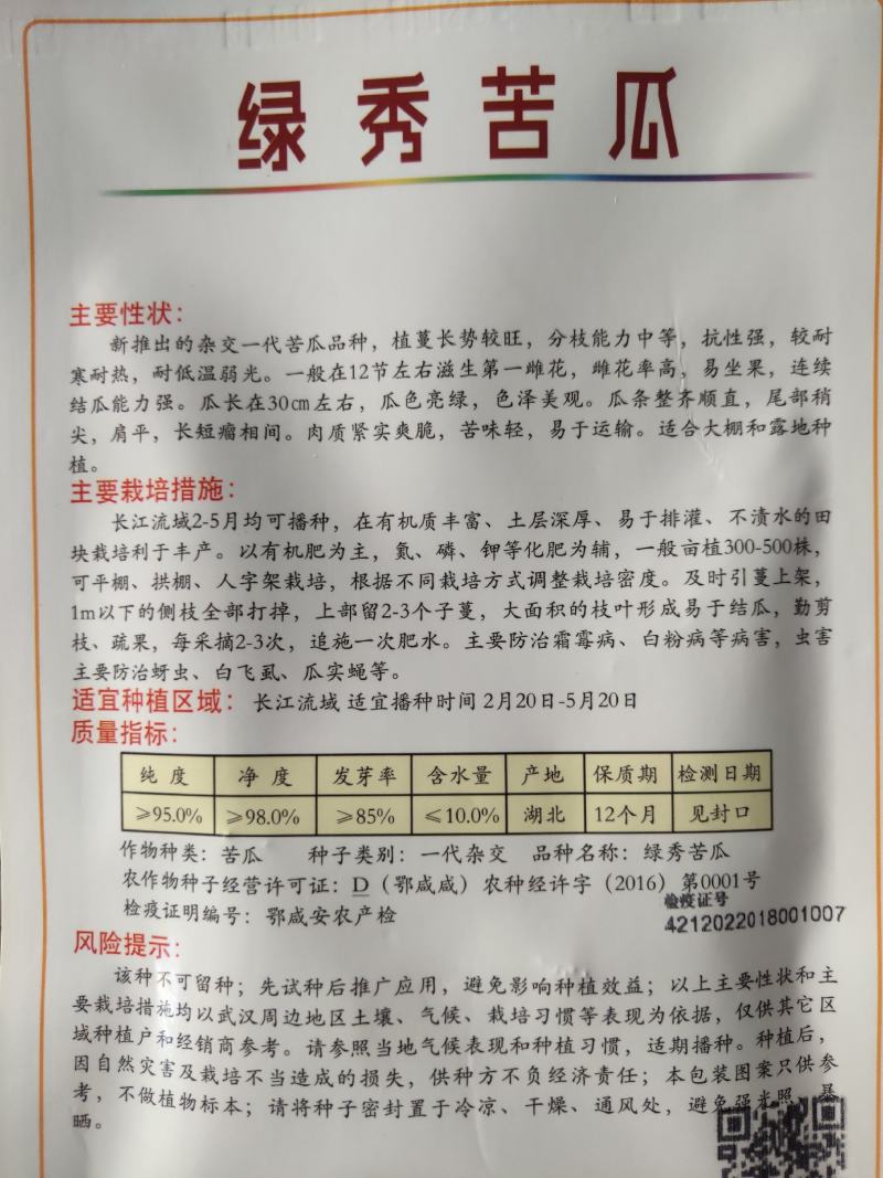 绿秀苦瓜种子，杂交一代，耐寒耐热，抗性强，瓜条整齐顺直