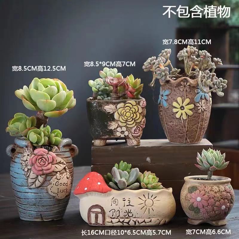 包邮多肉老桩花盆大小口径陶瓷粗陶透气创意大号多肉植物花盆