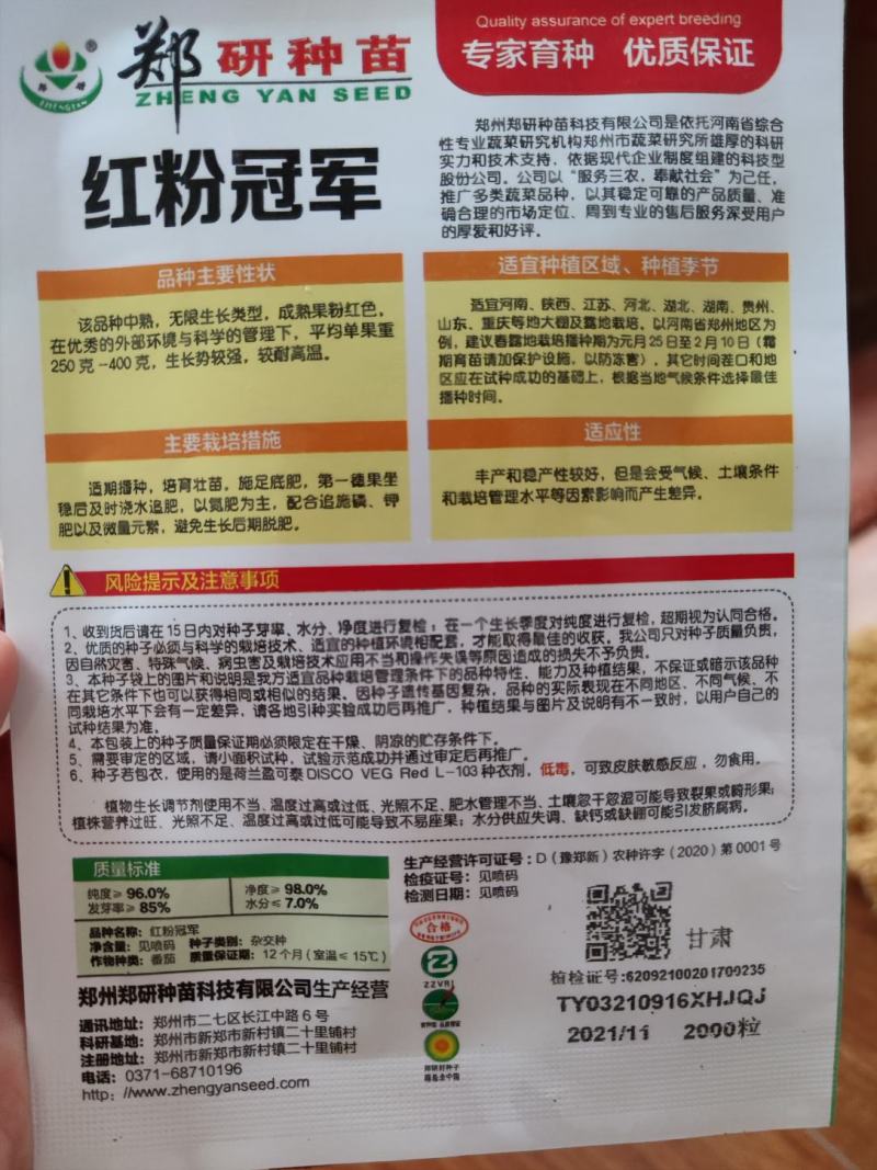郑研红粉冠军西红柿种子，2000粒