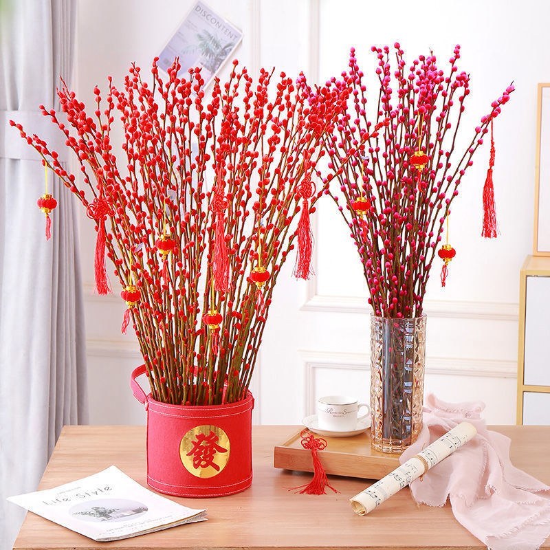银柳真花鲜枝年宵花红色银柳干花室内水培植物福桶装饰发财果