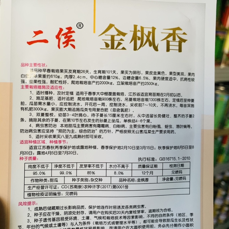 二侯金枫香甜瓜种子，金黄色甜瓜白肉香甜好吃果型美观