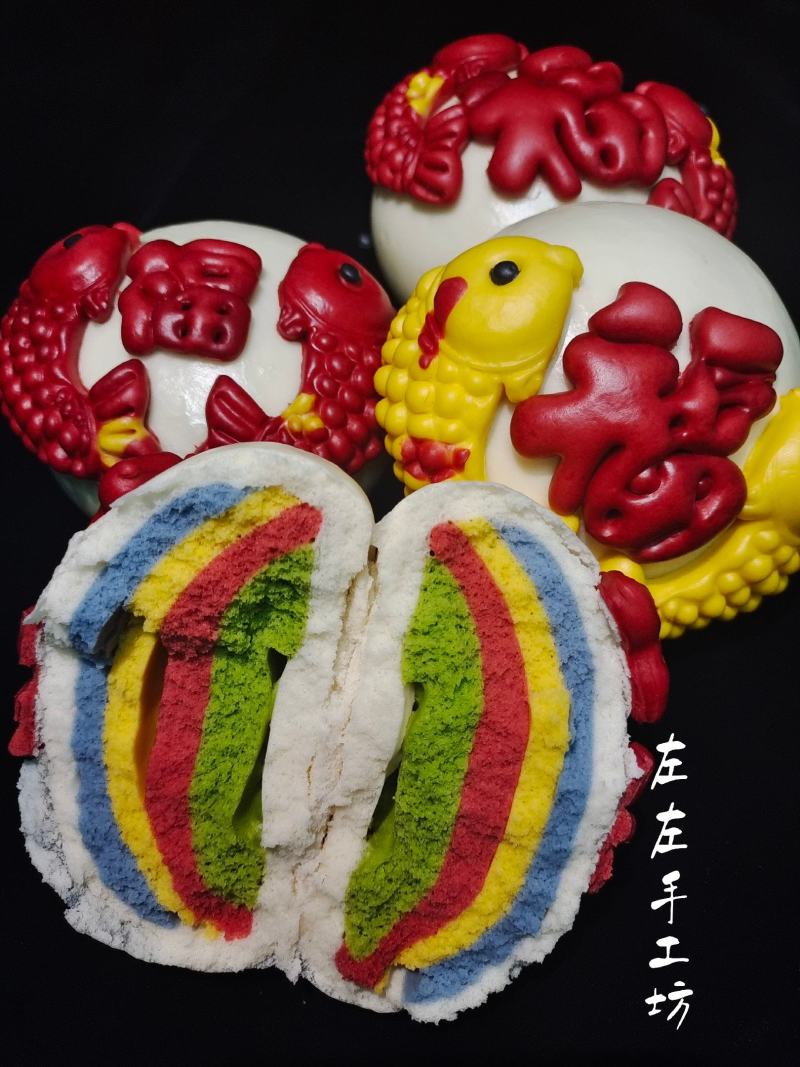 彩虹馒头纯手工制作奶香味福鱼馒头春节压锅花饽饽社区团购批