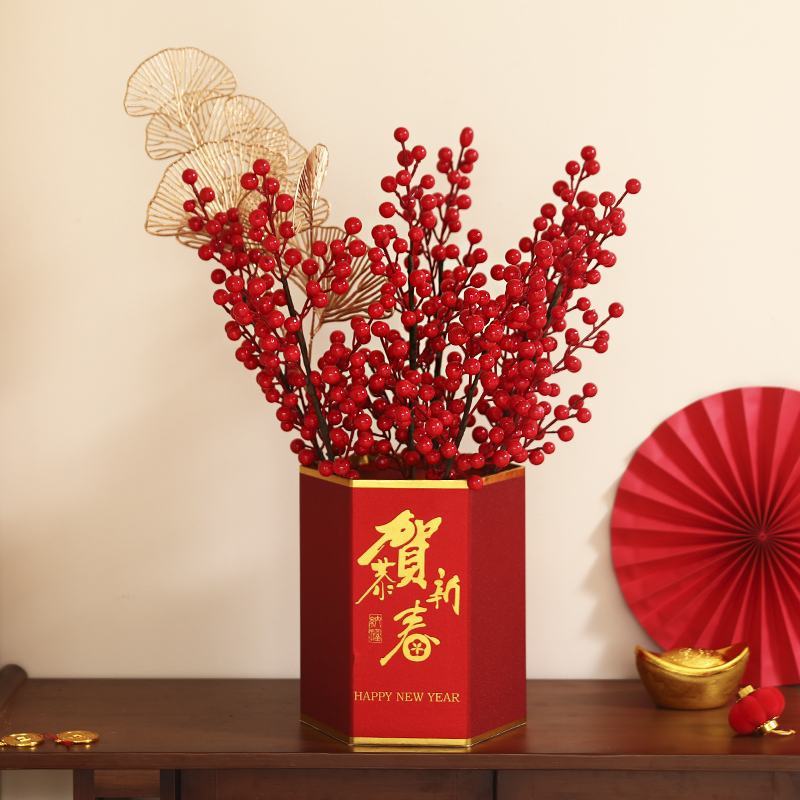 婚庆批发红果树枝单支圣诞果吉祥果发财果仿真果粒插花配材福