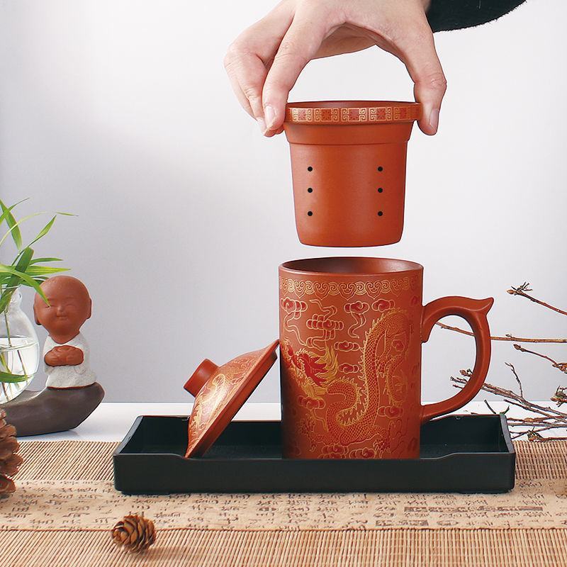 紫砂茶杯带盖带过滤内胆龙凤纹泡茶杯陶瓷茶杯办