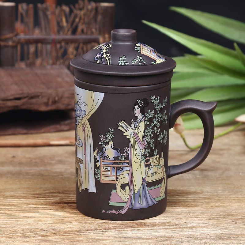 紫砂茶杯带盖带过滤内胆龙凤纹泡茶杯陶瓷茶杯办