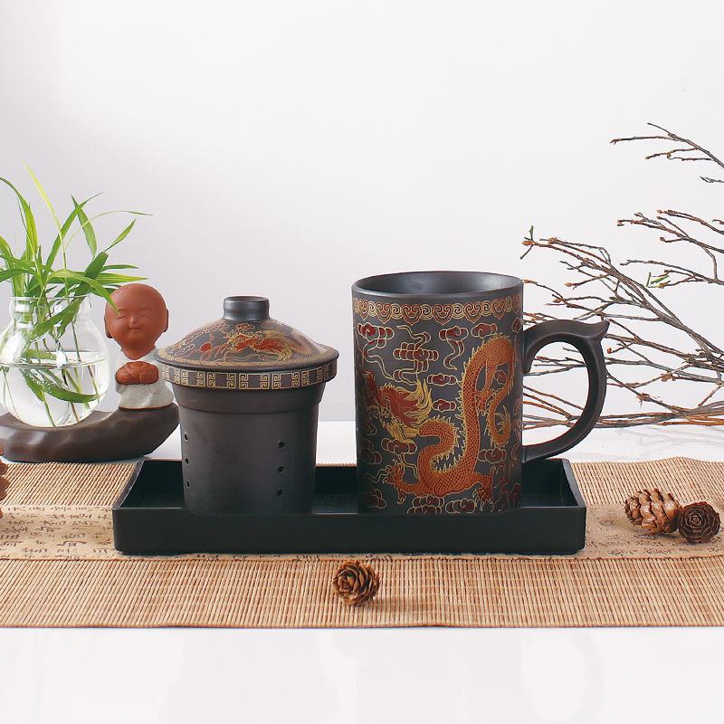 紫砂茶杯带盖带过滤内胆龙凤纹泡茶杯陶瓷茶杯办