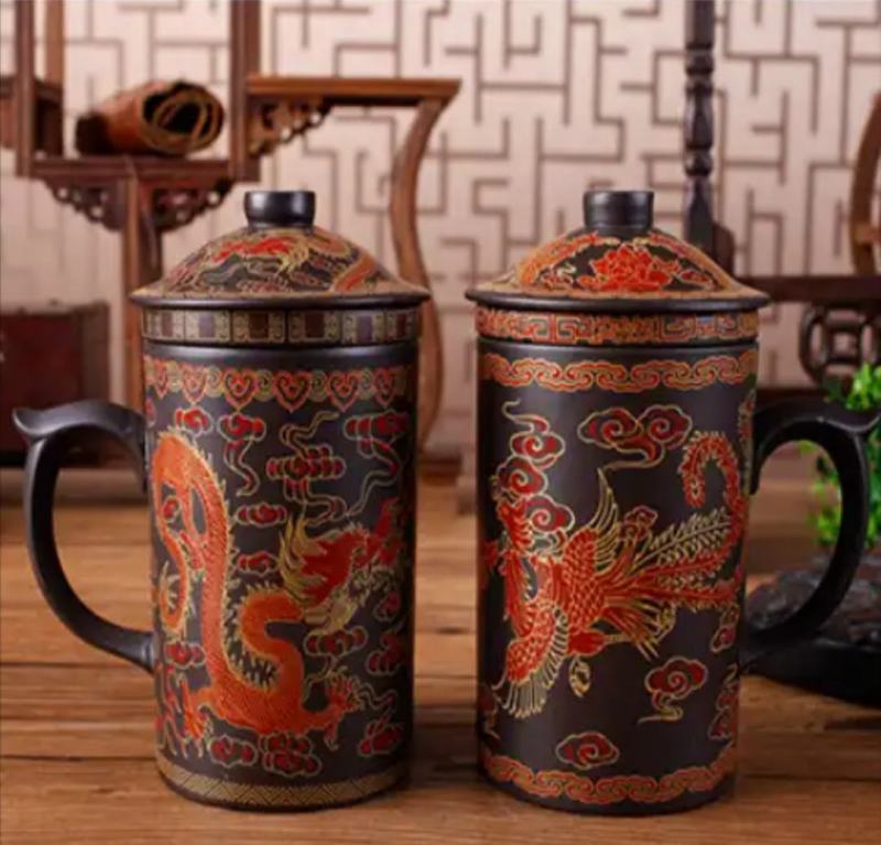 紫砂茶杯带盖带过滤内胆龙凤纹泡茶杯陶瓷茶杯办