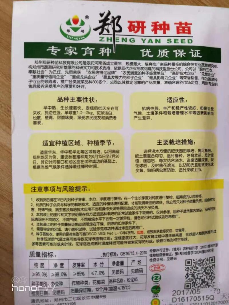 松宝65青梗松花菜种子，8克2000粒，花球洁白甜脆美味