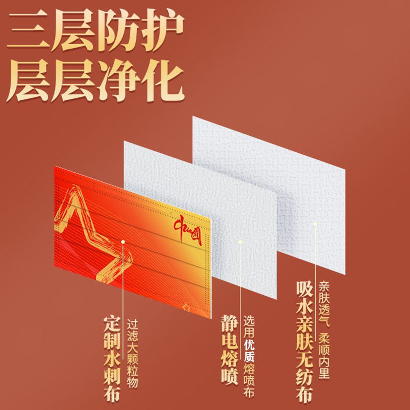 国潮风红口罩一次性口罩加厚儿童成人防护口罩
