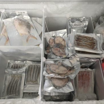 海产品:金鲳鱼，马鲛鱼，金线鱼，海虾，墨鱼肉饼，瑶柱，等