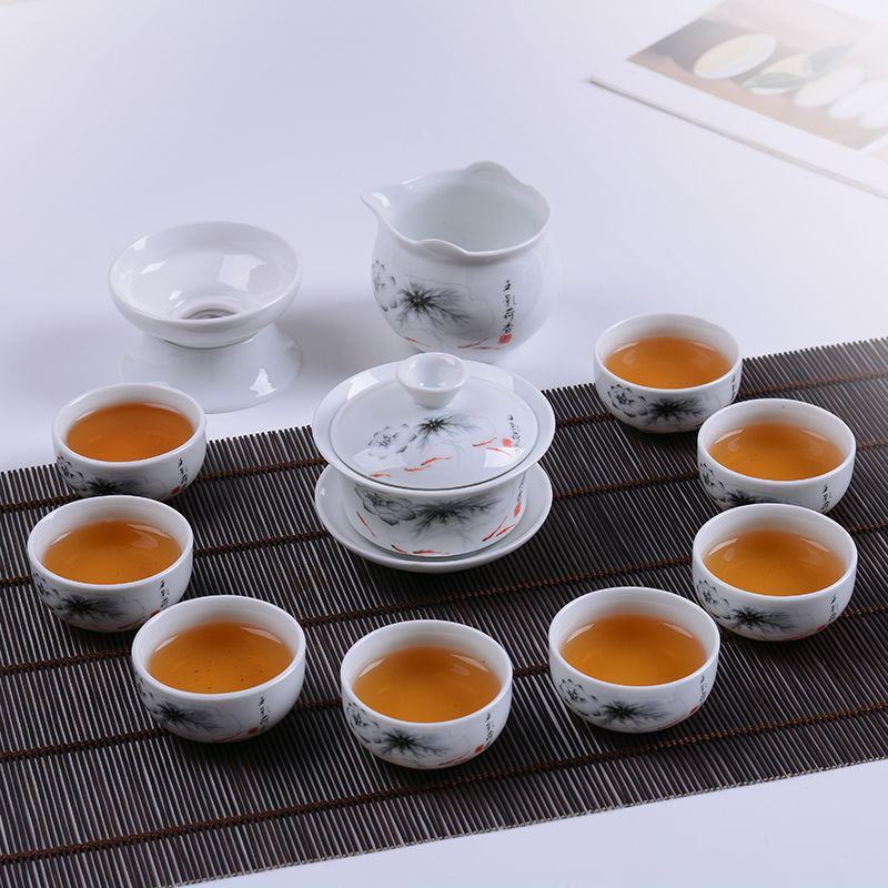【送茶夹】茶具套装青花陶瓷家用泡茶器功夫盖碗整套简约茶杯