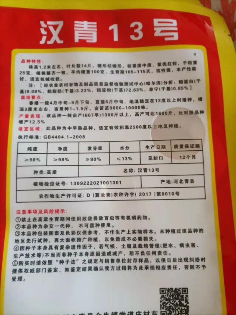 矮杆高产品种，汉青13号，株高一米二，亩产一千二三百斤
