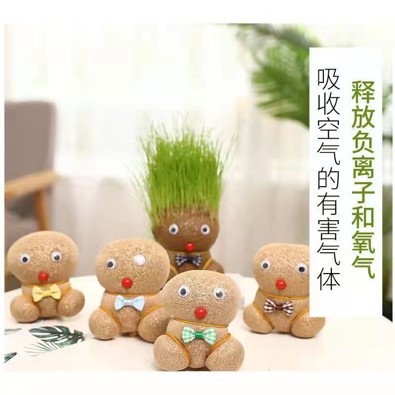 创意长草头娃娃迷你小植物盆栽室内阳台抖音同款可爱桌面摆件