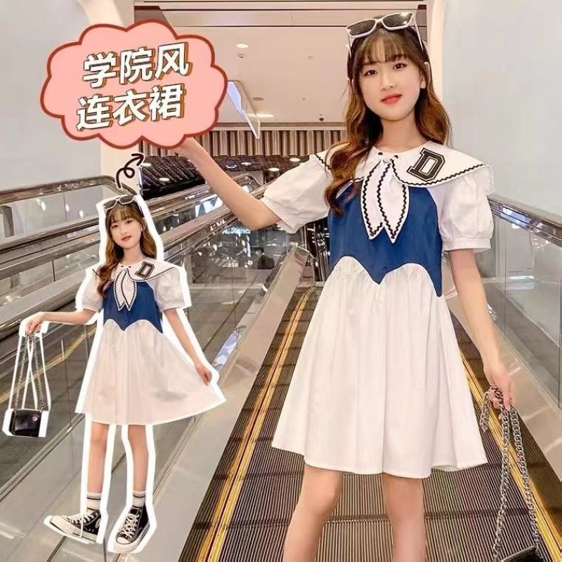 女童连衣裙学院风2022夏季新款女孩时髦洋气短袖中大童裙