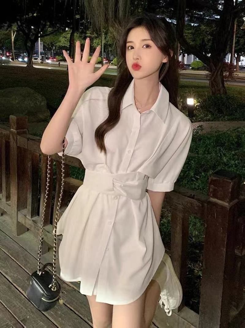 法式粉色带披肩的收腰衬衫连衣裙女装夏季2022年新款裙子