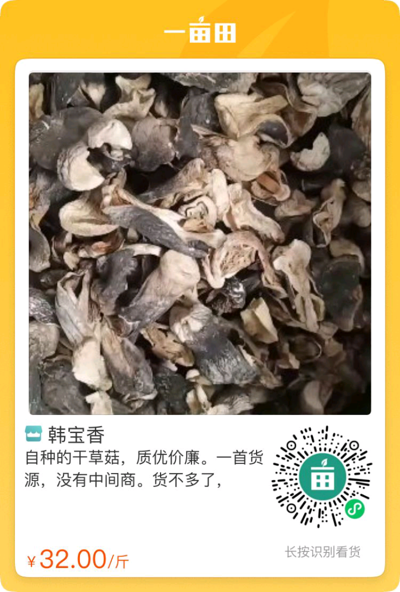 自种的干草菇，质优价廉。一首货源，没有中间商。