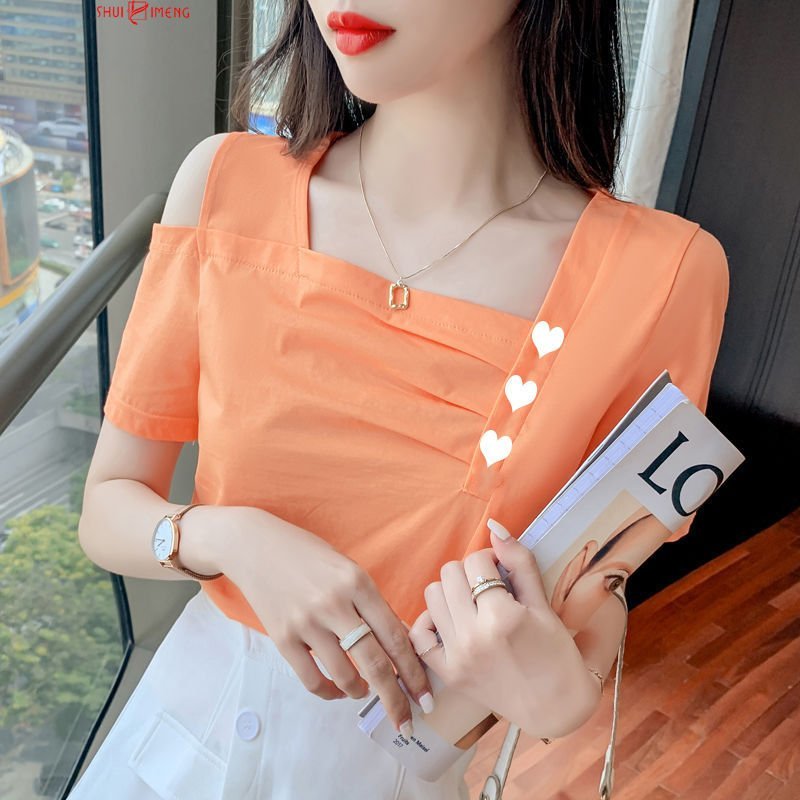 网红爱心短袖t恤女夏季新款气质小众设计感心机方领锁骨露肩