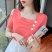 网红爱心短袖t恤女夏季新款气质小众设计感心机方领锁骨露肩