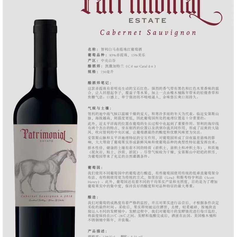 智利赤霞珠白马红酒