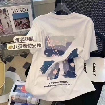 复古短袖T恤女夏季设计感小众字母植绒宽松百搭别致上衣in