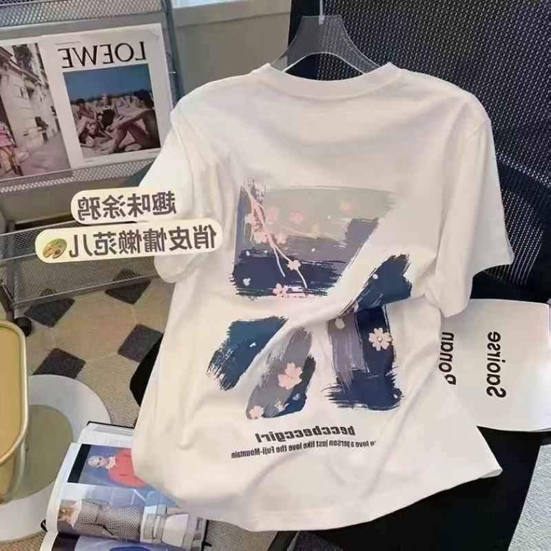 复古短袖T恤女夏季设计感小众字母植绒宽松百搭别致上衣in