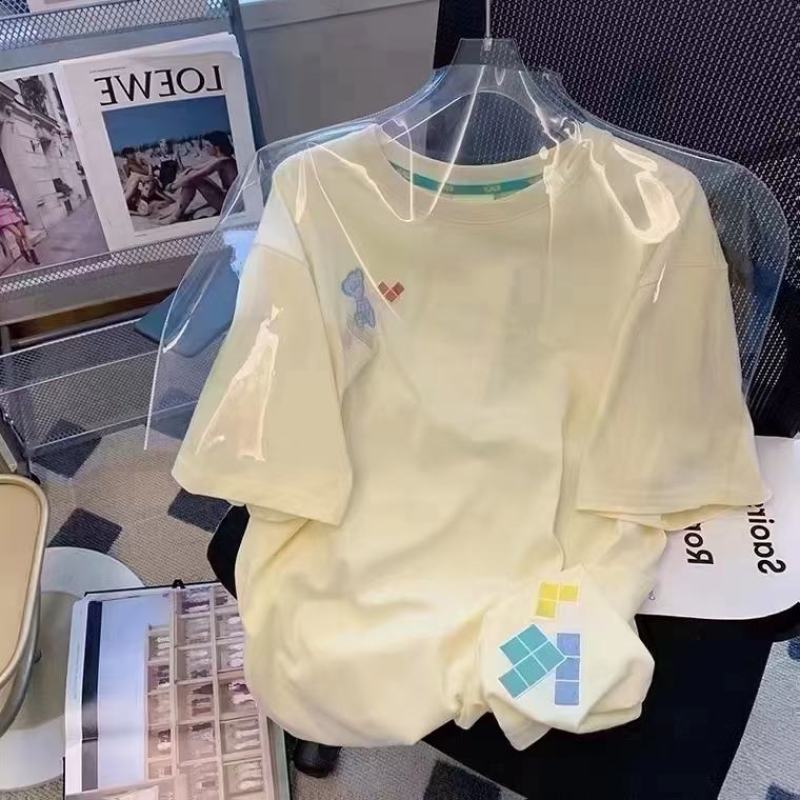 复古短袖T恤女夏季设计感小众字母植绒宽松百搭别致上衣in