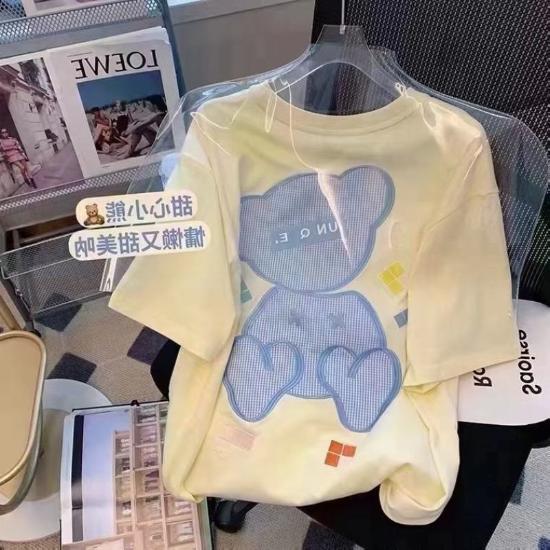 复古短袖T恤女夏季设计感小众字母植绒宽松百搭别致上衣in